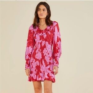 FARM RIO Living Nature Red Pink Smocked Long Sleeve Floral Mini Dress Ruffled